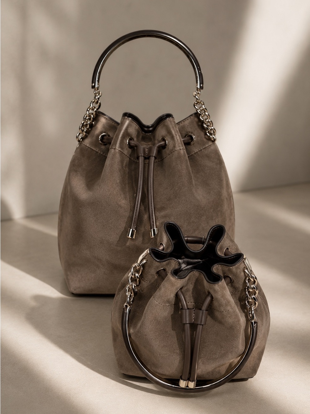 Jimmy Choo Small Bon Bon logo printed bucket bag Suede Brown
